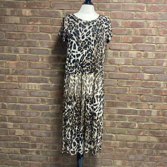 Cha Cha Vente Cheetah Short Sleeve Sheer Tunic Top Size Large NEW - Picture 2 of 9